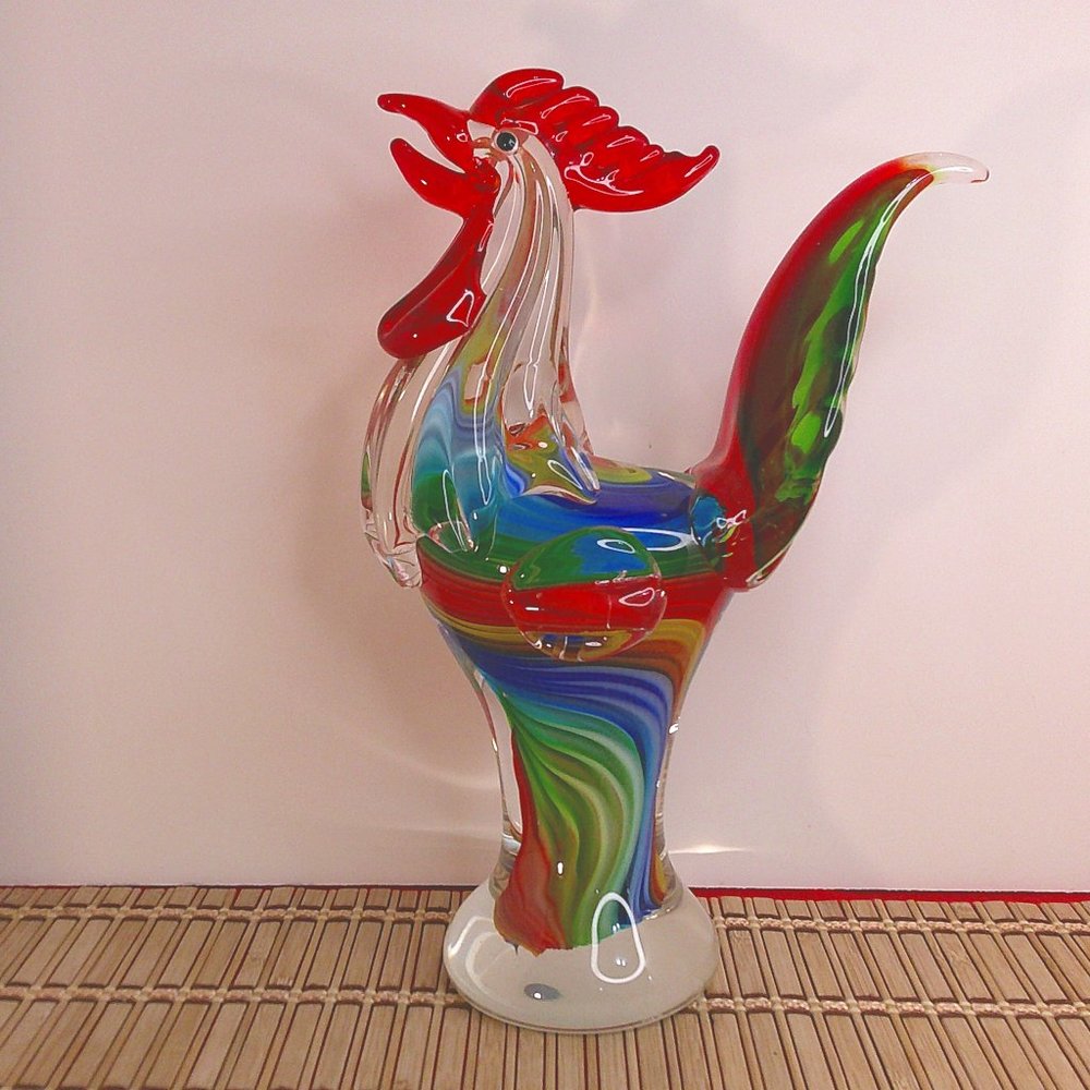 Dale Tiffany Art Glass Rooster Decorative Sculpture With Swirls and Multicolored